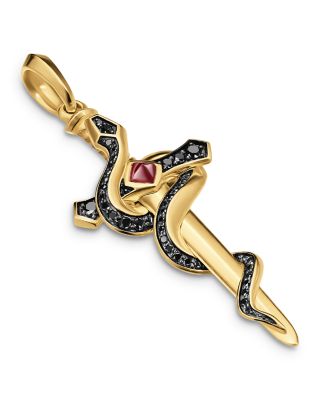 Men's Ouroboros Snake Amulet in 18K Yellow Gold with Ruby and Black Diamonds, 48mm