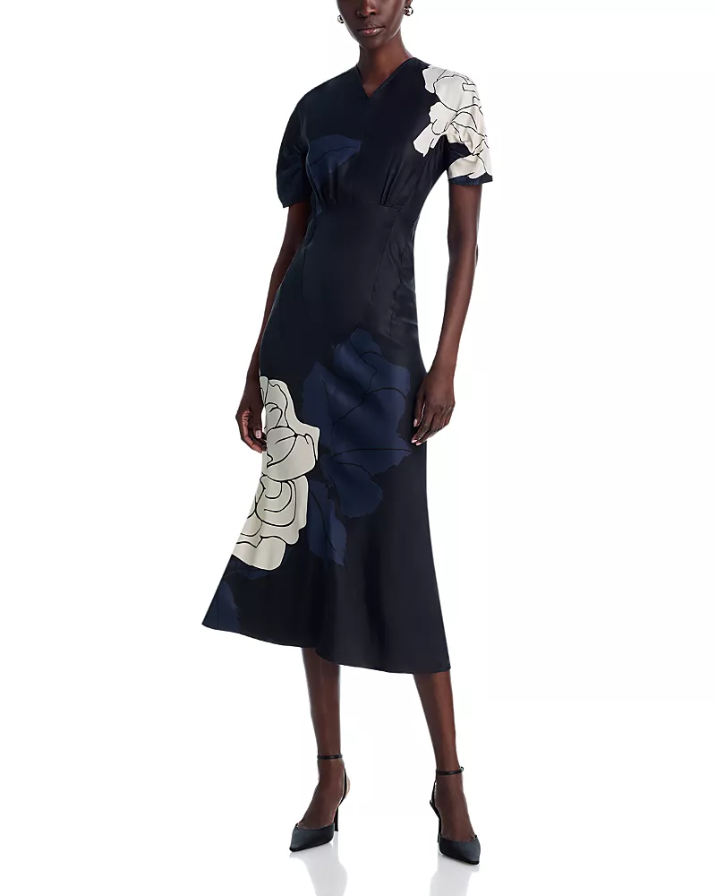 Victoria Beckham Eve Short Sleeve Gather Detail Midi Dress