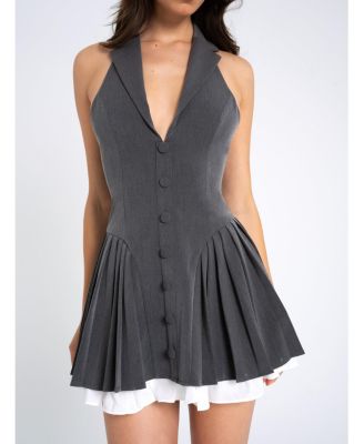  Hazel Preppy Halter Neck Pleated Mini Dress
