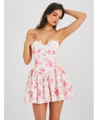  Samara Floral Drop Waist Linen Corset Puffy Mini Dress