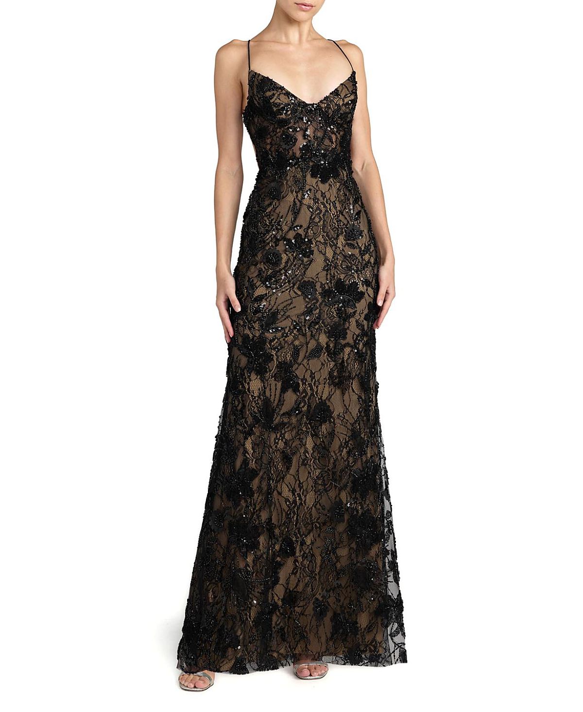 Mac Duggal Floral Embroidered Sleeveless Open Back Gown