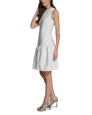 Sleeveless Floral Stretch Jacquard Drop Waist A Line Dress 