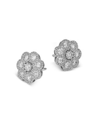 Diamond Cluster Flower Stud Earrings in 14K White Gold, 3.0 tcw