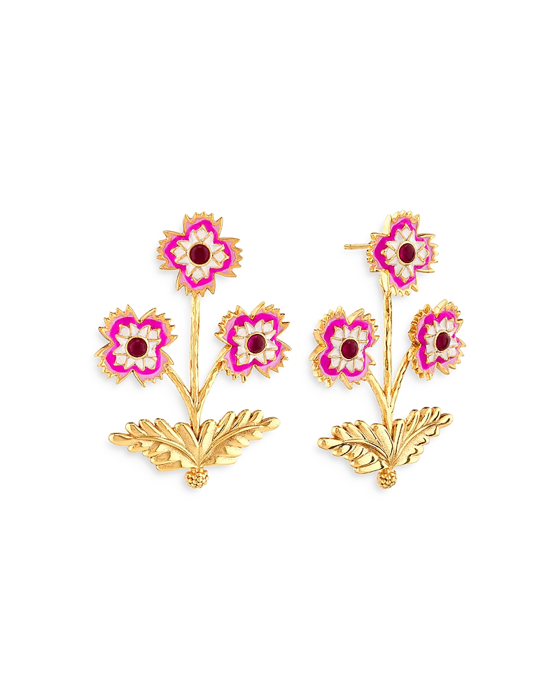 Capucine De Wulf Dianthus Bouquet Enamel and Pink Jade Earrings