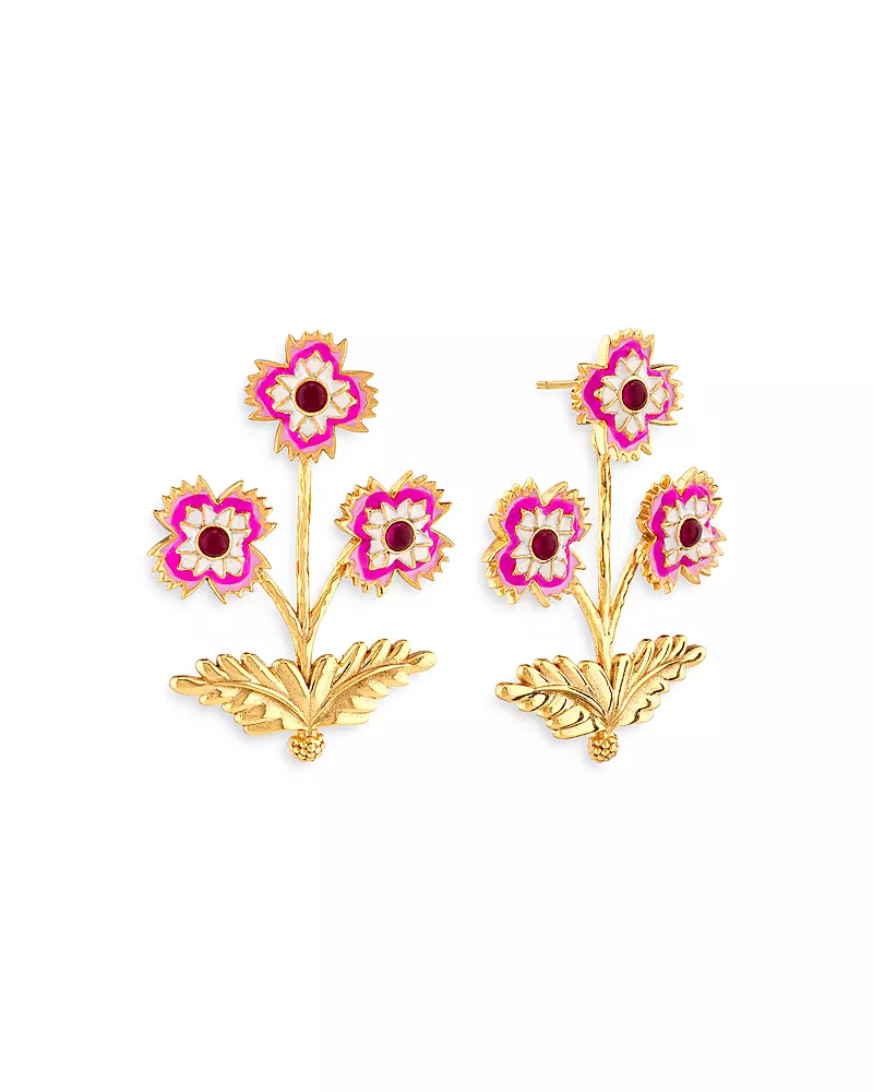 Capucine De Wulf Dianthus Bouquet Enamel and Pink Jade Earrings
