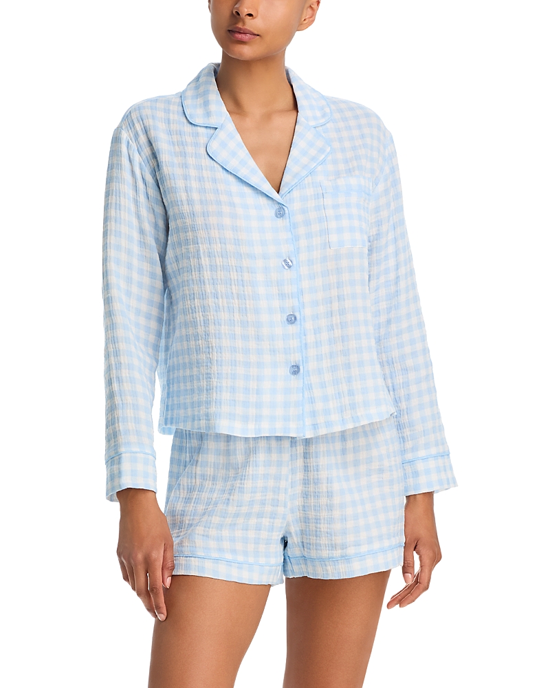 Aqua Gingham Print Shorts Pajama Set In Blue