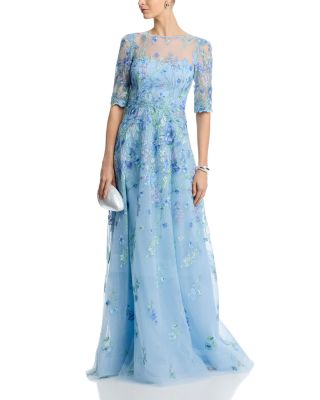 Embroidered Tulle Elbow Sleeve Gown