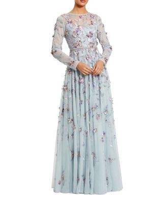  Long Sleeve Mesh Gown With Floral Detail