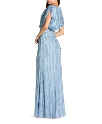  Beaded Mesh Blouson V Neck Column Gown