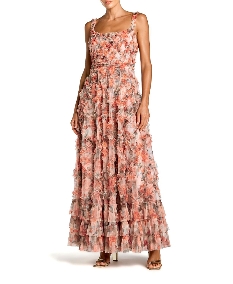 Mac Duggal Floral Mesh Sleeveless Micro Ruffle A Line Gown