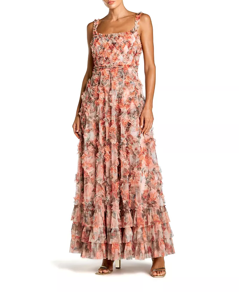 Mac Duggal Floral Mesh Sleeveless Micro Ruffle A Line Gown