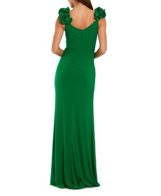 Jersey V Neck Gown with 3D Flower Straps