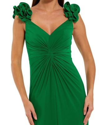Jersey V Neck Gown with 3D Flower Straps