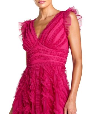  V-Neck Cap Sleeve Ruffle Maxi Dress