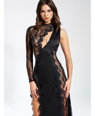  Weslyn Satin Lace High Slit Dress
