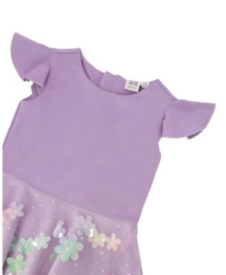  Girls' Bi-Material Short Flutter Sleeves Mesh Dress - Big Kid