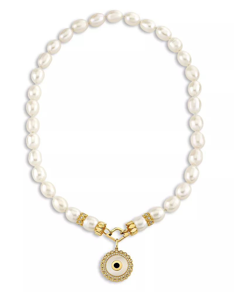 Sydney Evan 14K Yellow Gold The Solara Freshwater Rice Pearl & Diamond Eye Pendant Necklace, 16