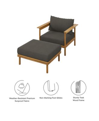 Wren Outdoor Patio Teak Wood Armchair and Ottoman, Set of 2