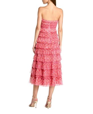 Ruffle Mesh Strapless Midi Dress