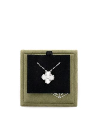 Vintage-Like Alhambra Pendant Necklace Guilloche 18K White Gold with Diamond, 18.25"