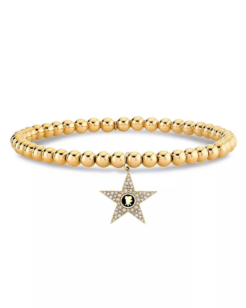 Sydney Evan 14K Yellow Gold California Diamond Hollywood Star & Polished Bead Charm Stretch Bracelet - Exclusive