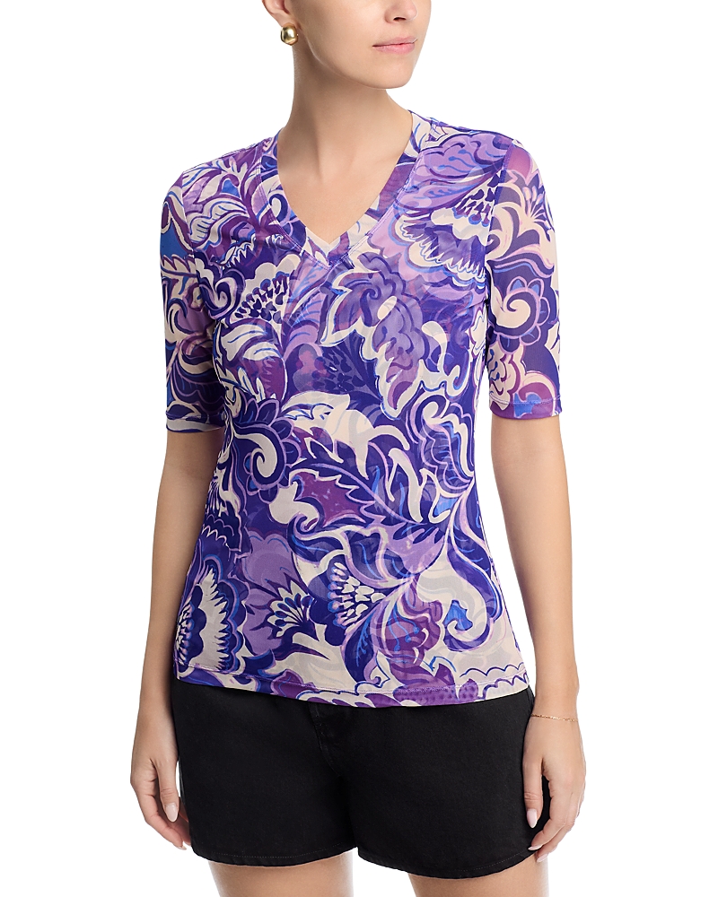 Johnny Was V Neck Elbow Sleeve Mesh Top