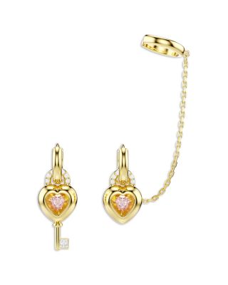 Idyllia Stone Heart Lock & Key Mismatch Hoop With Cuff Earrings