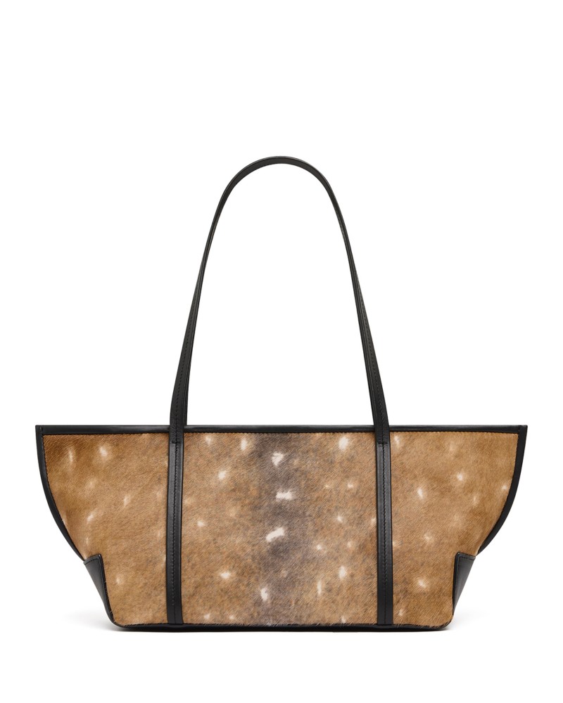St. Agni Bateau Slim Fawn Print Calf Hair Tote in Almond