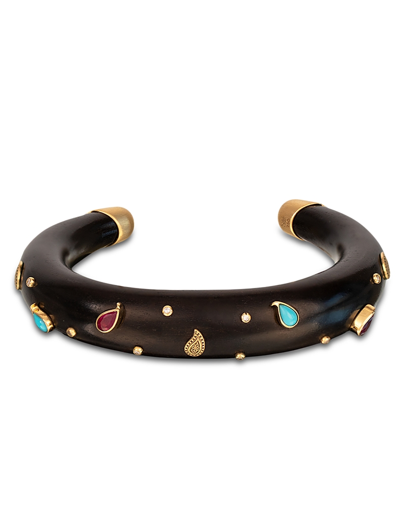 Silvia Furmanovich 18K Yellow Gold Kashmir Turquoise, Ruby, & Diamond Brauna Wood Cuff Bracelet