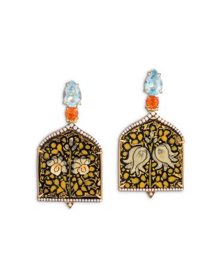 18K Yellow Gold Kashmir Sky Blue Topaz, Fire Opal, & Diamond Papier Mache Window Drop Earrings