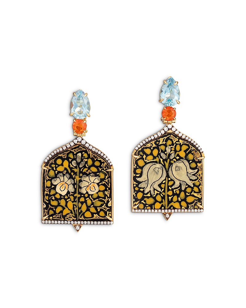 Silvia Furmanovich 18K Yellow Gold Kashmir Sky Blue Topaz, Fire Opal, & Diamond Paper Mache Window Drop Earrings