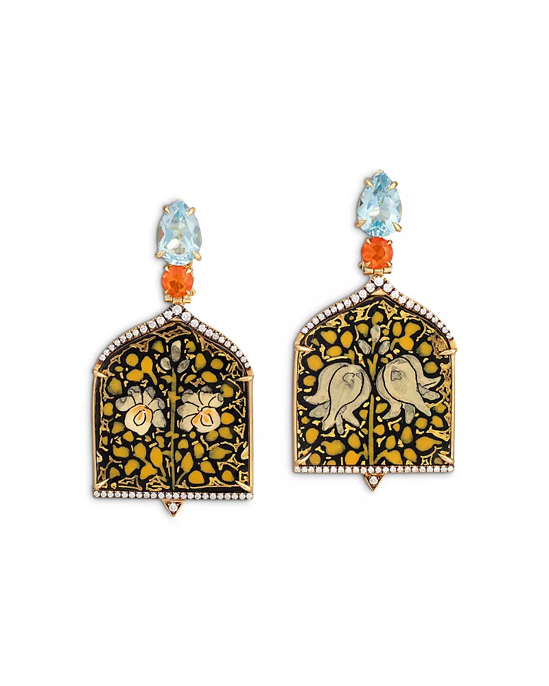 Silvia Furmanovich 18K Yellow Gold Kashmir Sky Blue Topaz, Fire Opal, & Diamond Paper Mache Window Drop Earrings