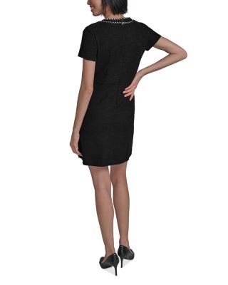 Beaded Trim Knit Tweed Sheath Dress