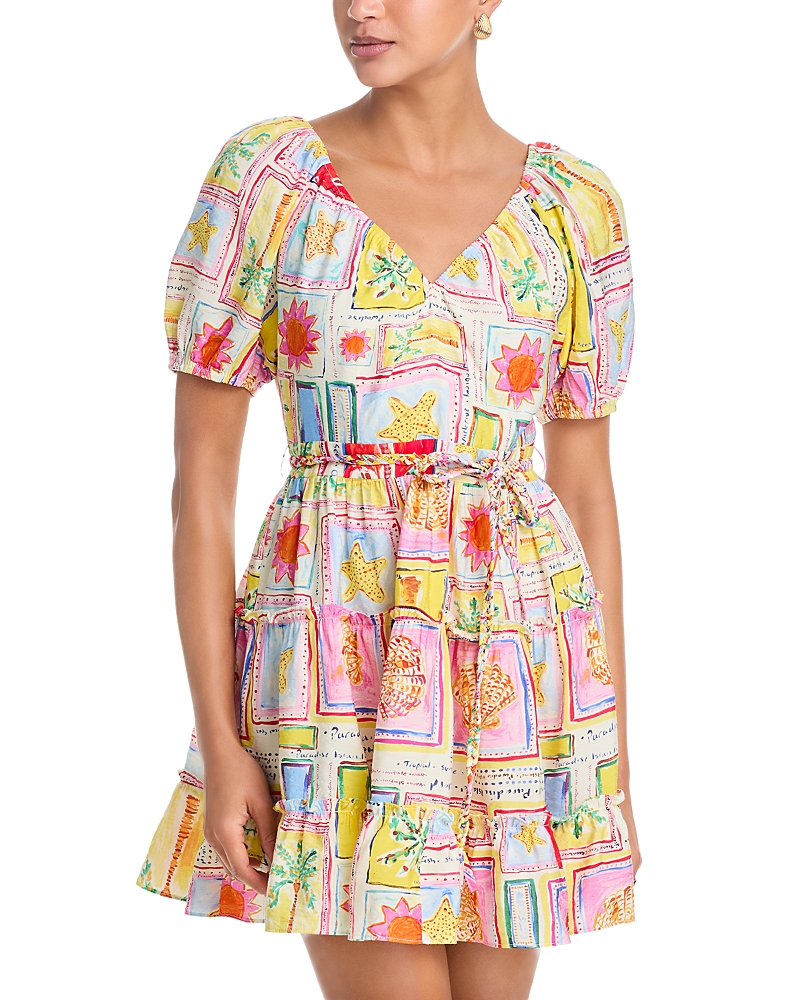 Aqua Tile Puff Sleeve V Neck Dress - Exclusive