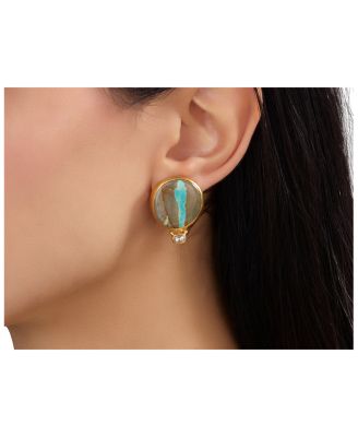 24K Yellow Gold Rune Turquoise & Diamond Stud Earrings
