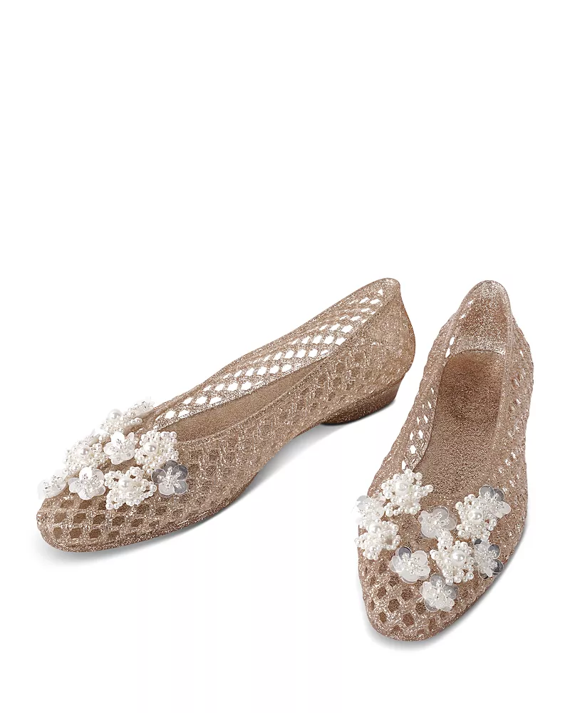 Heavenly Jelly Women's Daisy Sequin & Imitation Pearl Flower Gold Jelly Shoes