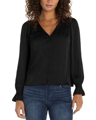 Long Sleeve Button Front Woven Top with Smocking