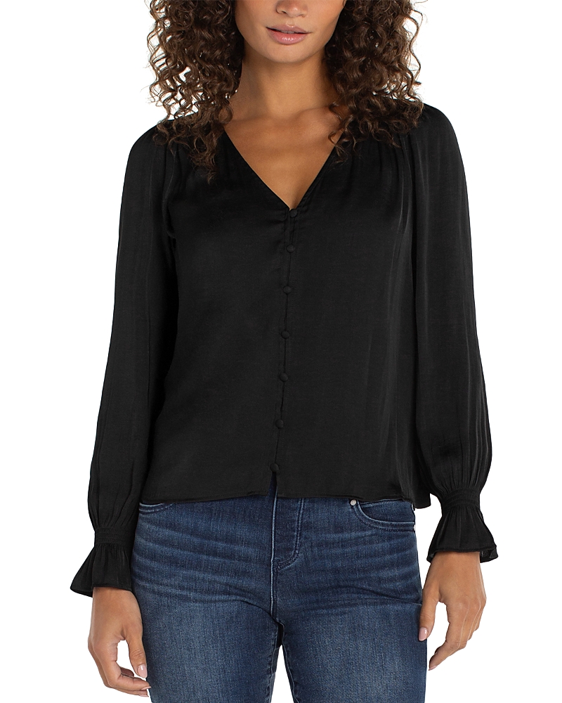 Liverpool Los Angeles Long Sleeve Button Front Woven Top with Smocking