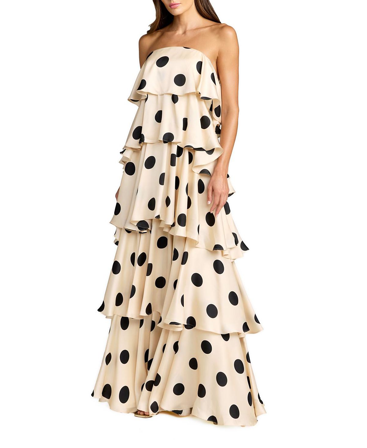 Mac Duggal Strapless Polka Dot Charmeuse Ruffle Gown