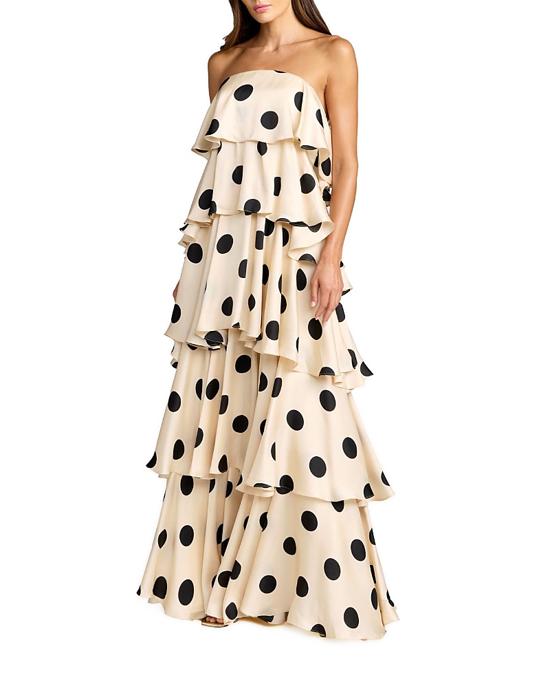 Mac Duggal Strapless Polka Dot Charmeuse Ruffle Gown