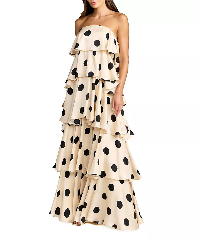 Mac Duggal Strapless Polka Dot Charmeuse Ruffle Gown