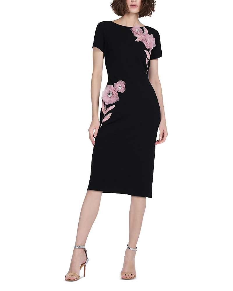 Emily Shalant Stretch Crepe Organza Crystal Flower Applique Midi Dress
