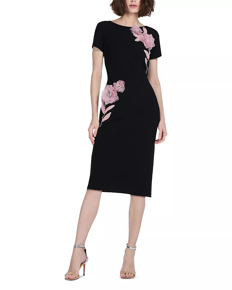 Emily Shalant Stretch Crepe Organza Crystal Flower Applique Midi Dress