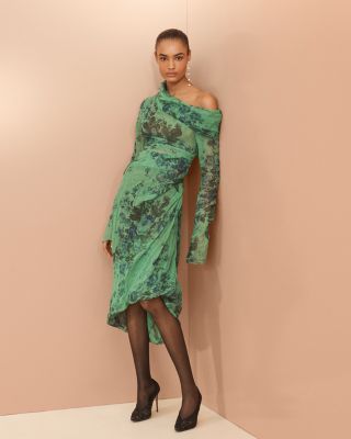 Organza Cloqu&eacute; Draped Midi Dress