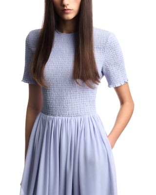 Techno Georgette Smocked Bodice Midi Dress