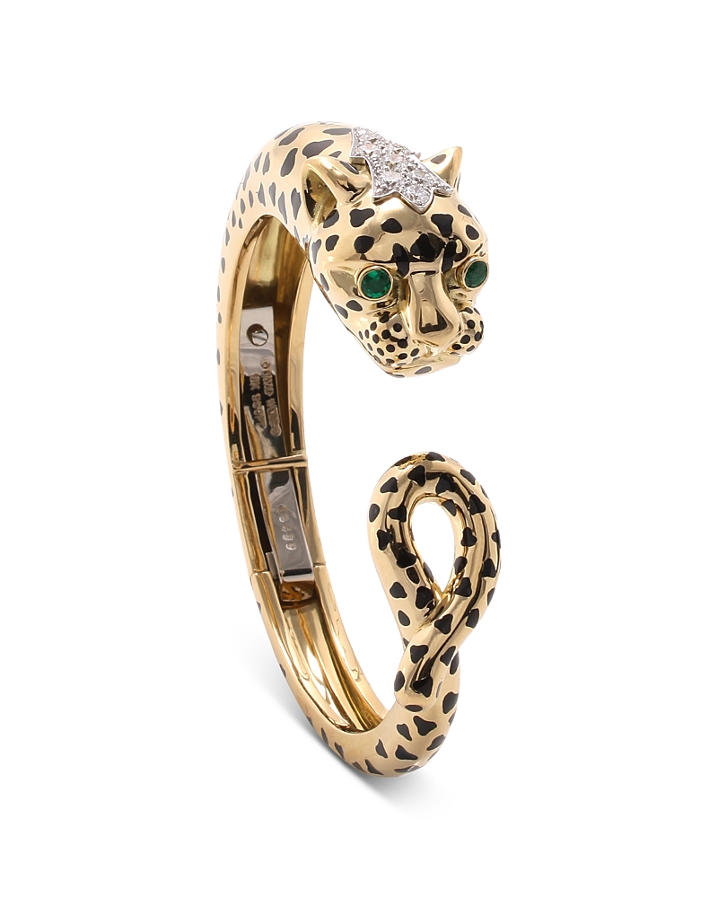 David Webb Platinum & 18K Yellow Gold Kingdom Diamond & Emerald Leopard Cuff Bracelet