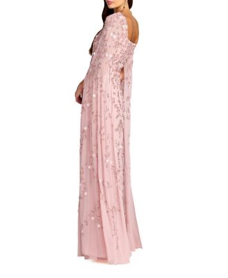 Beaded Georgette Square Neck Cape Sleeve Gown