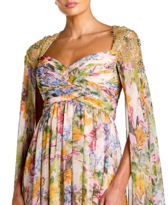  Printed Chiffon Gown With Beaded Cape Sleeves