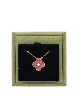  Vintage Alhambra Pendant Necklace 18K Rose Gold and Rhodonite with Diamond, 16.25"