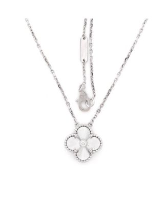  Vintage Alhambra Pendant Necklace Guilloche 18K White Gold with Diamond, 16.5"